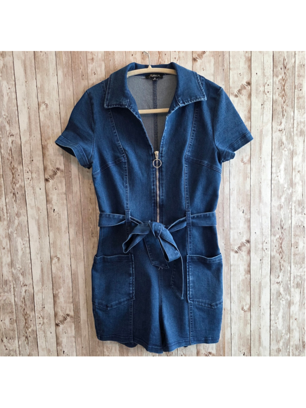 Denim Short-Sleeve Zip Romper with Tie Belt - Blue